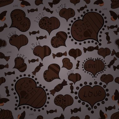 Şirin yazı hat metin ve kalpleri, zarflar, kesintisiz aşk desenle doodles. Vektör kalp. Sınır düğün. Swirls gri, mor ve siyah renklerde. Sembol Sevgililer günü.