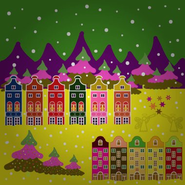 Vektör mimari çizim. Düz tasarım kentsel. Evler. Yeşil, sarı ve mor renkler arka plan manzara.