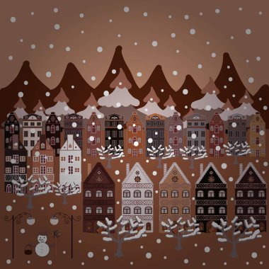 Vektör desen çeşitli karikatür evleriyle. Christmas illüstrasyon kahverengi, pembe ve nötr renkler. Vektör çizim.