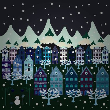 Tepeler arasında. Renkli sevimli açık havada manzara. Vektör Köyü kırsal sahne arka plan. Mavi, gri ve nötr renkler üzerinde kırsal topluluk. Serbest çizilmiş karikatür tarzı.