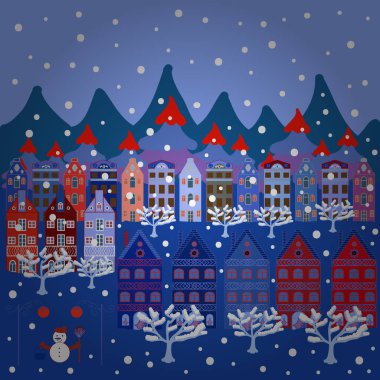 Tatil ruh. Mavi, kırmızı ve beyaz renkler ve Noel ağacı resimleri. Vektör. Şirin manzara küçük ev.