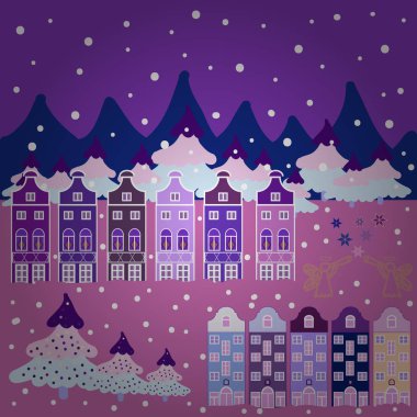 Christmas illüstrasyon mor, pembe ve nötr renkler. Vektör çizim. Vektör desen çeşitli karikatür evleriyle.