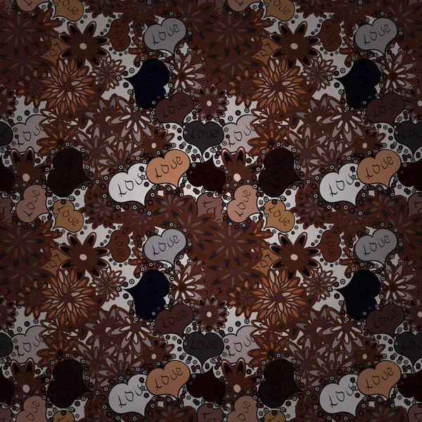 Vektör çizim. Düz arka plan tasarımı için. Kalpler seamless modeli. Valentine': s gün. Bebek arka plan ile renkli kalpler. Kalp öğeleri üzerinde kahverengi, gri ve siyah renk eskiz. Kağıt ambalaj.