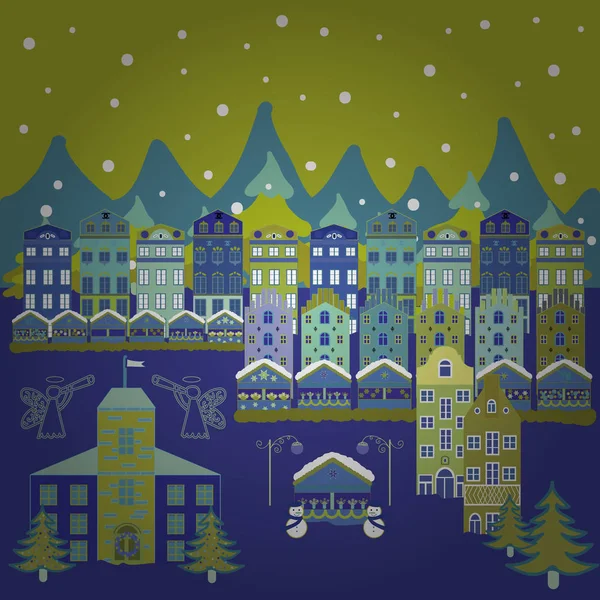 Ilustración Vectorial Postal Colores Verde Violeta Azul Ilustración Inusual Navidad — Vector de stock