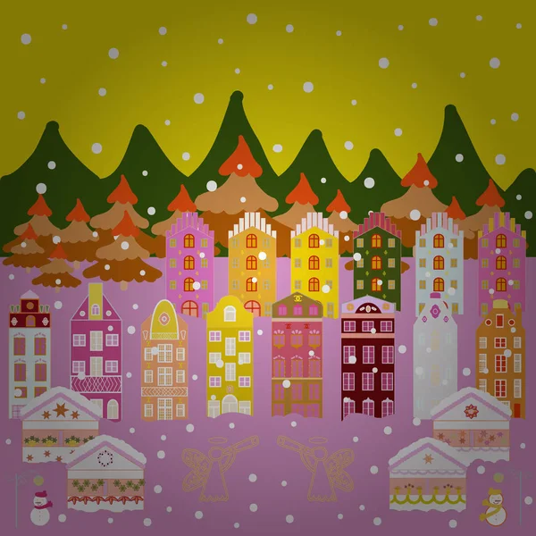 圣诞插图黄色 中性和绿色的颜色 矢量插图 矢量图案与各种卡通房子 — 图库矢量图片