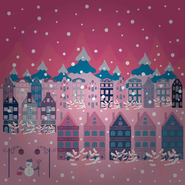 Ungewöhnliche Weihnachtspostkarte Vektor Erstaunliche Geschmückte Haus Weihnachten Rosa Blau Und — Stockvektor