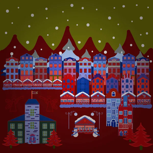 Feliz Tarjeta Navidad Con Casa Lindos Edificios Colores Rojo Marrón — Vector de stock