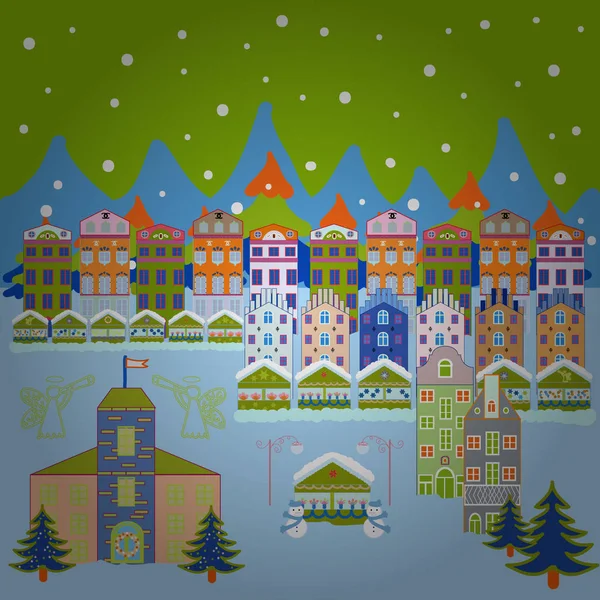 Pueblo Navidad Santa Claus Casas Hadas Colores Azules Verdes Neutros — Vector de stock