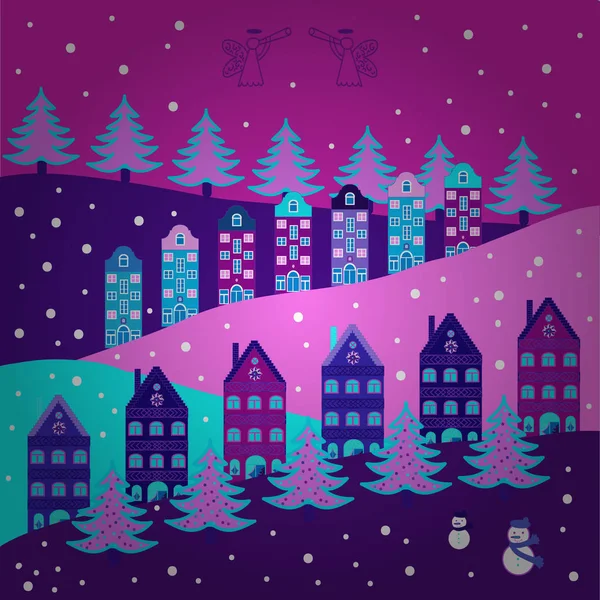 Godt Nytår Glædeligt Julekort Med Hus Vektorillustration Sød Bygninger Violet – Stock-vektor