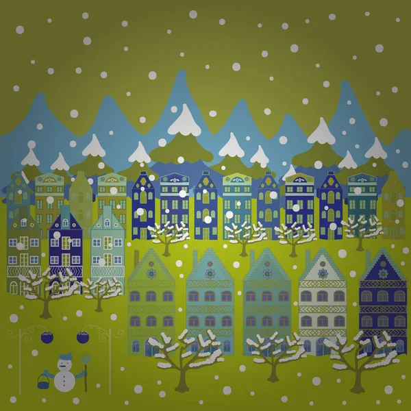Lindos Edificios Colores Verde Amarillo Azul Feliz Tarjeta Navidad Con — Vector de stock