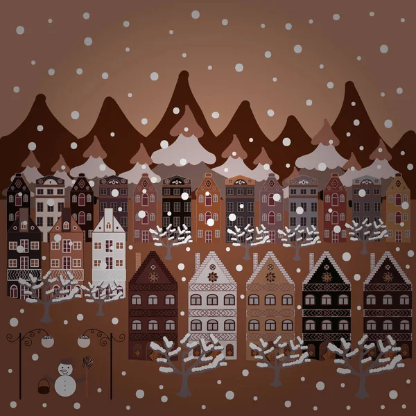 Vektor Vzorek Různými Kreslený Domy Vánoční Obrázek Hnědé Růžové Neutrální — Stockový vektor