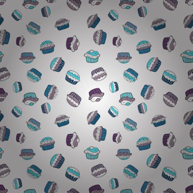 Sorunsuz çeşitli kek, haşhaş tohumu, çikolatalı, kabak krema, çikolata ve lezzetli Breakfast veya tatlı kek. Desen beyaz, mavi ve tarafsız. Vektör çizim.