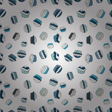 Kağıt ambalaj. Dikişsiz desen tatlı tatlılar. Beyaz, mavi ve nötr renk. Sonsuz desen, beyaz, mavi ve tarafsız arka plan. Krem. Vektör çizim.