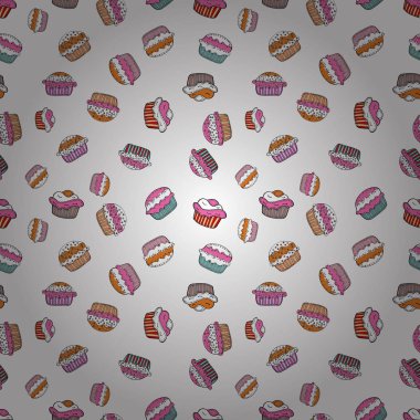 Sorunsuz cupcakes el çekilmiş seamless modeli. Romantik süsleme tasarlamak zemin. Dekoratif duvar kağıdı, baskı için iyi. Şekerleme topluluğu ile renkli arka plan vektör.