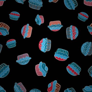 Kağıt ambalaj. Vektör çizim. Siyah, mavi ve beyaz gıda afiş tasarımı için. Sorunsuz kekler.