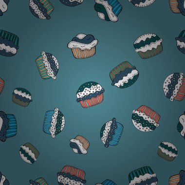 Vektör çizim. Sorunsuz çeşitli kek, haşhaş tohumu, çikolatalı, kabak krema, çikolata ve lezzetli Breakfast veya tatlı kek. Mavi, beyaz ve siyah desen.