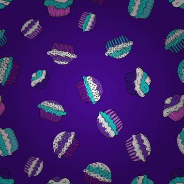 Muffin tatlı doku arka plan. Vektör. Cupcake seamless modeli. Parmak izi, dekorasyon, kumaş için doku. Mor, beyaz ve mavi renkli krem tatlı zemin.