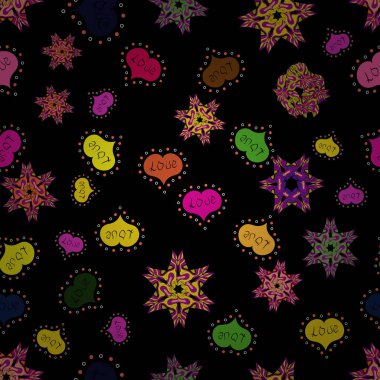 Siyah, sarı ve mor vektör çizim. Retro 80'ler içinde etnik yürekleri Dikişsiz desen kumaş baskı, kağıt baskı ve Web sitesi için zemin tarzı. Sevgililer günü.