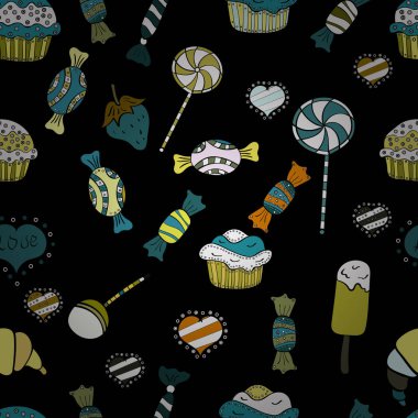 Sulu boya resimde yeşil, siyah ve beyaz renkler. Vektör. Şekerler sorunsuz arka plan üzerinde.