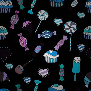 Siyah, mavi ve beyaz arka plan üzerinde şeker. Düz stil vektör çizim. Sorunsuz şekerler. Oyun, kartpostal, davet ve web tasarımı için.