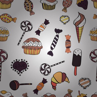 Vektör çizim. Dikişsiz desen suluboya tatlılar şekerlemeler ile elle çizilmiş bir beyaz, siyah ve pembe arka plan üzerinde izole..