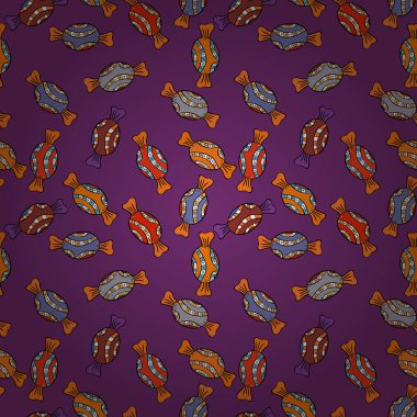 Tekstil, kartlar, için tatlı web tasarım: lezzetli gerçekçi seamles arka plan: grafik fantastik şeker. Mor, turuncu, siyah ve mavi şeker ile vektör seamless modeli.