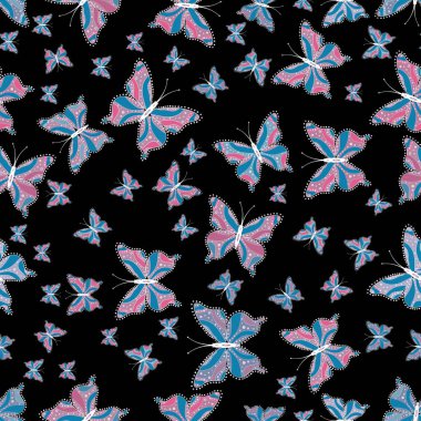 Yüzey dokuları, duvar kağıtları, web sayfası arka planlar, Tekstil için mükemmel. Vektör çizim. Dikişsiz desen arka plan. Resimler siyah, tarafsız ve mavi renklerde. Renkli şirin kelebek.