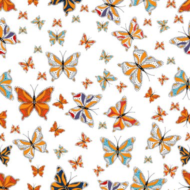 Şirin eğilim kelebekler. Vektör geleneksel halk güzel dekor tasarım giyim için beyaz, turuncu ve gri arka plan üzerinde.