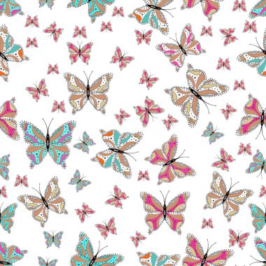Vektör çizim. Resimde kumaş, tekstil, baskı ve davet için. Sorunsuz. Beyaz, pembe ve mavi arka plan üzerinde gece sevimli kelebekler.