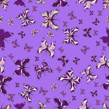 Giysi, Erkek, kız, duvar kağıdı için soyut seamless modeli. Vektör çizim. Fantezi şirin illüstrasyon. Güzel suluboya kelebekler. Menekşe, mor ve beyaz kelebek illüstrasyon.