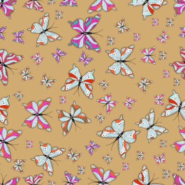 Resimde bej, tarafsız ve beyaz renklerde. Vektör çizim. Kelebeklerin el çekilmiş siluet suluboya doku ile Seamless modeli. Vintage tarzı.