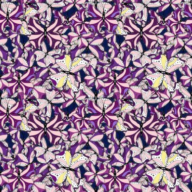 Kumaş, kağıt, sarmalayıcıları ve duvar kağıdı tasarımı için şirin arka plan. Tarafsız, mor ve beyaz. Kelebekler ile Seamless modeli.