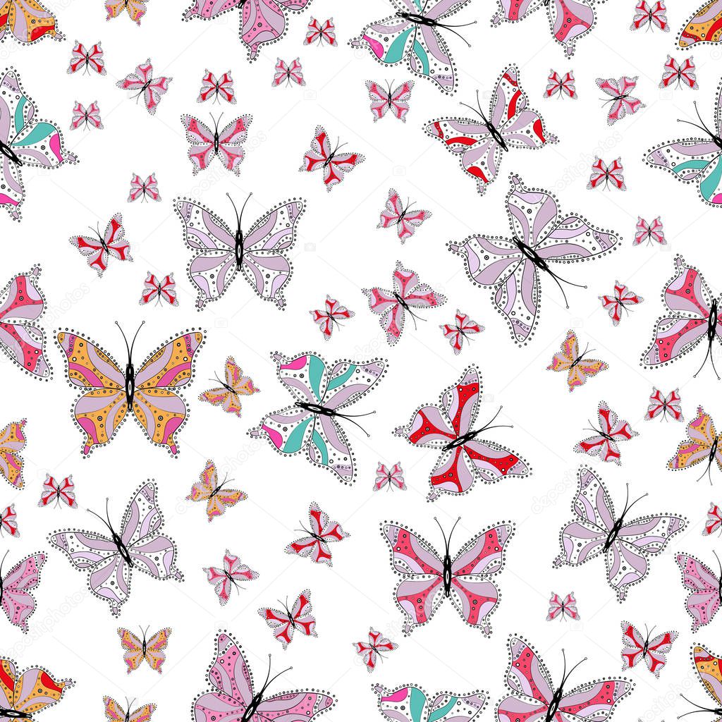 Background for textile, fabric, print and invitation. Seamless pattern with butterflies. Illustration in white, neutral and gray colors. Vector.