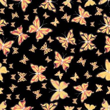 Web sayfası arka plan, duvar kağıdı, tekstil, yüzey dokuları için mükemmel. Kelebekler seamless modeli siyah, sarı ve pembe renklerde. Sevimli vektör çizim.