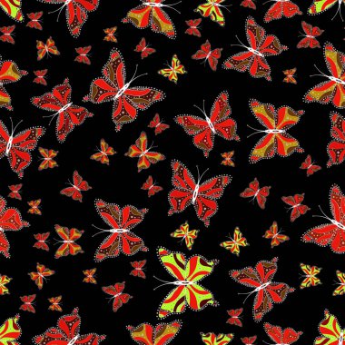 Vektör. Sorunsuz çiçek yaz desen arka plan üzerinde siyah, kırmızı ve kahverengi renkleri. Duvar kağıtları, web sayfası arka planlar, yüzey dokuları, Tekstil için mükemmel. Resimler witg tropikal kelebekler.