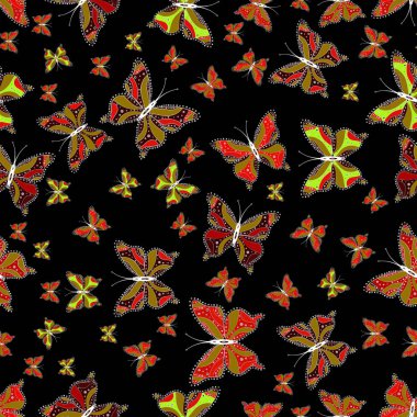 Karalamak, kroki, doodle. Vektör çizim. Ekose kelebek tekstil baskı için. Seamless modeli. Resimde siyah, kahverengi ve kırmızı renkler.