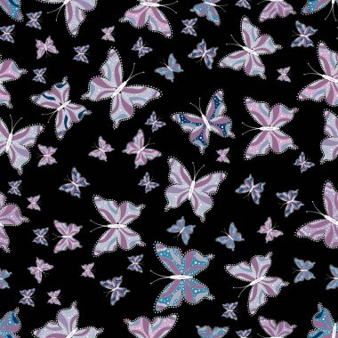 İllüstrasyon kelebek. Tropikal gerçekçi kelebek. Arkanı için parlak dövme. Siyah, mor ve gri arka plan üzerinde güzel renkli kelebek. Vektör.