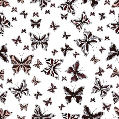 Vektör geleneksel halk çiçek dekor tasarım giyim için beyaz, kahverengi ve gri arka plan üzerinde. Basit şirin desen kartı için. Nakış eğilim çiçek Dikişsiz desen egzotik kelebekler ile.