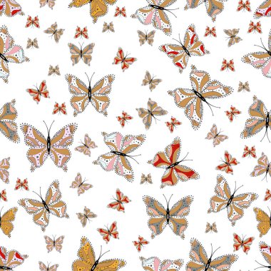 Tekstil, duvar kağıtları, web sayfası arka planlar, yüzey dokuları için mükemmel. Şirin kelebek Dikişsiz desen beyaz, turuncu ve gri renklerde. Kelebek çiçek desenli tropikal tema üzerinde. Vektör tasarımı.