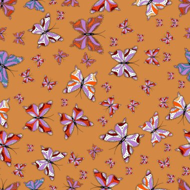 Güzel kelebek vektör desen illüstrasyon tasarımı. Sarmalayıcıları ve duvar kağıdı, kumaş, kağıt tasarımı için şirin arka plan. Sorunsuz. Turuncu, mor ve beyaz renklerde resimleri.