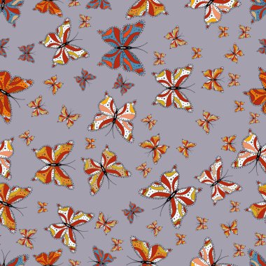 Şirin kelebek güzel seamless modeli. Moda kumaş tasarımı. Resimde çizilmiş. Vektör. Resimleri gri, turuncu ve beyaz renklerde.