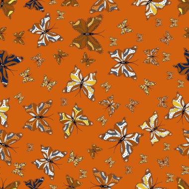 Güzel sorunsuz kelebek kumaş arka planda turuncu, kahverengi ve beyaz. Kroki, doodle, karalama. Bahar kelebek tema. Vektör çizimi. Sonsuz. Böcek kumaş clipart giyim kumaş için yinelenen.