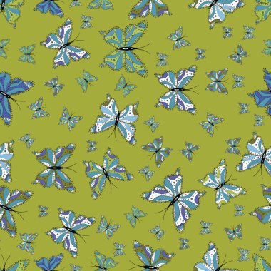 Resimde yeşil, mavi ve beyaz renkler. Arka plan sorunsuz. Vektör kelebekler desen. Moda güzel kumaş tasarım.
