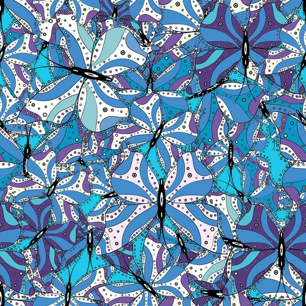 Doodle Bosquejo Garabato Patrón Sin Costuras Mariposa Tropical Colores Azul — Vector de stock