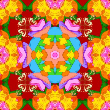 Bahar Tema Dikişsiz desen arka plan rengi. Vektör çizim. Sorunsuz çiçek deseni. Turuncu, sarı ve kırmızı renklerde çiçekler. Asya Tekstil tarzında. Düz çiçek öğeleri tasarım.