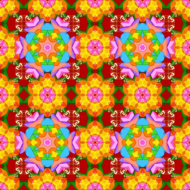 Vektör çizim. Vektör çizim. Asya Tekstil tarzında. Sorunsuz çiçek deseni. Turuncu, sarı ve kırmızı renklerde çiçekler.