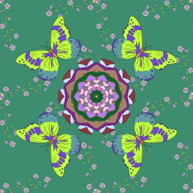 Davet. Renkli çıkartmalar, flash geçici dövme, mehndi ve yoga tasarım, boho, sihirli sembolü. Vintage vektör desen. Yeşil, mavi ve mor renkli. Dekoratif mandala süslü.