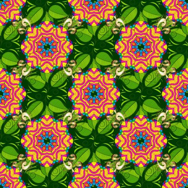 Palm ile sorunsuz tropikal vektör desen bırakır. Yaz illüstrasyon. Web, tekstil, baskı tasarımı için şablon. Yeşil, mavi ve sarı renkler sevimli yapraklarda. Vektör çizim.