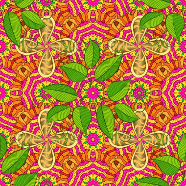 Sarı, yeşil ve pembe renklerde desen. Elle çizilmiş sorunsuz vektör desen doodle ile bırakır. Mürekkep kabataslak el şekilleri.