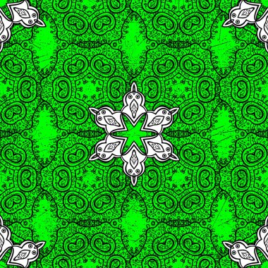 Doodles'ın yeşil, siyah ve beyaz renkler. Dikişsiz desen baskı. Moda kumaş deseni. Vektör.